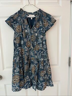Cleobella Navy Blue & Brown Floral Smocked Neck Short Sleeve Dress